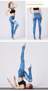 Boho Yoga Legging, Printed Tight, Blue White Lotus - Wild Rose Boho