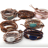 Boho Bracelet, RH 5 Layers Leather Wrap Bracelet, Natural Stones, Blue, White, Brown - Wild Rose Boho