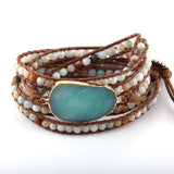 Boho Bracelet, RH 5 Layers Leather Wrap Bracelet, Natural Stones, Blue, White, Brown - Wild Rose Boho