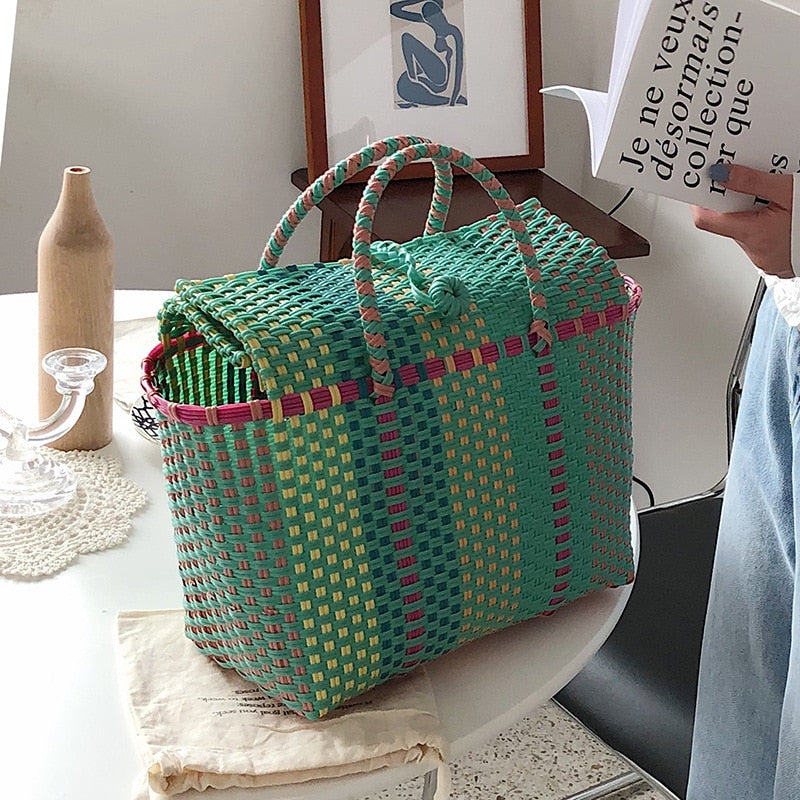 Boho Bag Woven Plastic Basket Bag Blue Beach Green