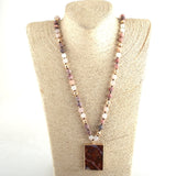 Boho Necklace, RH Rose Quart Amazonite, Square Pink Green Natural Stone - Wild Rose Boho