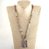 Boho Necklace, RH Rose Quart Amazonite, Square Pink Green Natural Stone - Wild Rose Boho