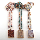 Boho Necklace, RH Rose Quart Amazonite, Square Pink Green Natural Stone - Wild Rose Boho