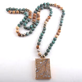 Boho Necklace, RH Rose Quart Amazonite, Square Pink Green Natural Stone - Wild Rose Boho