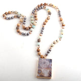 Boho Necklace, RH Rose Quart Amazonite, Square Pink Green Natural Stone - Wild Rose Boho