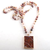 Boho Necklace, RH Rose Quart Amazonite, Square Pink Green Natural Stone - Wild Rose Boho