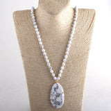 Boho Necklace, RH Rose Quart Amazonite, Oval Blue White Black Natural Stone - Wild Rose Boho