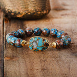Boho Bracelet, Stretchy Bracelet, Brown Blue 10mm Bronzite Stone Tibetan - Wild Rose Boho