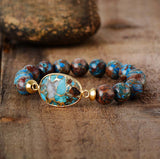 Boho Bracelet, Stretchy Bracelet, Brown Blue 10mm Bronzite Stone Tibetan - Wild Rose Boho