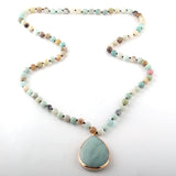 Boho Necklace, RH Rose Quart Amazonite, Oval Blue Pink Natural Stone - Wild Rose Boho