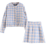 Autumn Winter 2 Piece Set, Matching Wool Plaid Jacket and Mini Skirt, Vintage Winter in Blue-White - Wild Rose Boho
