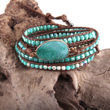 Boho Bracelet, RH 5 Layers Leather Wrap Bracelet, Natural Stones, Crystal Silver