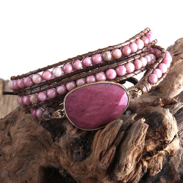 Boho Bracelet, RH 3 Layers Leather Wrap Bracelet, Natural Stones, Blue, Rose, Purple - Wild Rose Boho