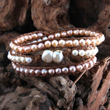 Boho Bracelet, RH 5 Layers Leather Wrap Bracelet, White Pink Natural Peal - Wild Rose Boho