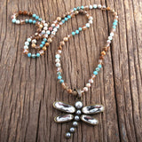 Boho Necklace, RH Crystal Dragonfly Blue Natural Stone - Wild Rose Boho