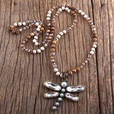 Boho Necklace, RH Crystal Dragonfly Blue Natural Stone - Wild Rose Boho
