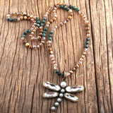 Boho Necklace, RH Crystal Dragonfly Blue Natural Stone - Wild Rose Boho