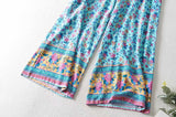Boho 2 Piece Set, Matching Crop Top and Pant, Wild Floral Daisy Blue - Wild Rose Boho