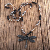 Boho Necklace, RH Amazonite Jasper, Dragonfly Brown Natural Stone - Wild Rose Boho