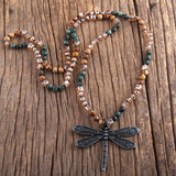 Boho Necklace, RH Amazonite Jasper, Dragonfly Brown Natural Stone - Wild Rose Boho
