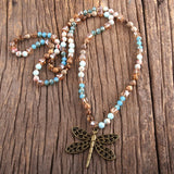 Boho Necklace, RH Amazonite Jasper, Dragonfly Brown Natural Stone - Wild Rose Boho