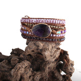 Boho Bracelet, RH 5 Layers Leather Wrap Bracelet, Natural Stones, Violet Amythyst - Wild Rose Boho