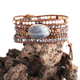 Boho Bracelet, RH 5 Layers Leather Wrap Bracelet, Natural Stones, Violet Amythyst - Wild Rose Boho