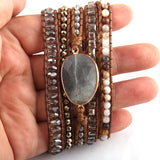 Boho Bracelet, RH 5 Layers Leather Wrap Bracelet, Natural Stones, Violet Amythyst - Wild Rose Boho