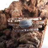 Boho Bracelet, RH 5 Layers Leather Wrap Bracelet, Natural Stones, Violet Amythyst - Wild Rose Boho