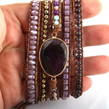 Boho Bracelet, RH 5 Layers Leather Wrap Bracelet, Natural Stones, Violet Amythyst - Wild Rose Boho