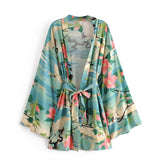 Boho Short Kimono Robe – “Lily Lotus” Green Floral Wrap Cover-Up for Women