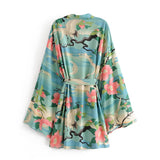 Boho Short Kimono Robe – “Lily Lotus” Green Floral Wrap Cover-Up for Women