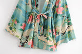 Boho Short Kimono Robe – “Lily Lotus” Green Floral Wrap Cover-Up for Women