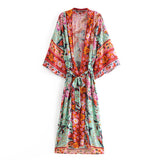 Boho Robe, Kimono Robe, Peony Green Red - Wild Rose Boho