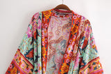 Boho Robe, Kimono Robe, Peony Green Red - Wild Rose Boho