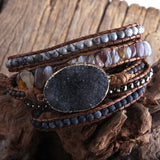 Boho Bracelet, RH 5 Layers Leather Wrap Bracelet, Natural Stones, Snow White and Black - Wild Rose Boho