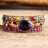 Boho Bracelet, 3 Layers Leather Wrap Bracelet, Natural Stone Purple Amethysts - Wild Rose Boho