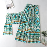 Boho 2 Piece Set, Matching Off Shoulder Crop Top and Pant, Wild Boho Square Green Mint - Wild Rose Boho