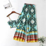 Boho 2 Piece Set, Matching Crop Top and Palazzo Pant, Wild Boho Square Green - Wild Rose Boho