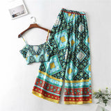Boho 2 Piece Set, Matching Crop Top and Palazzo Pant, Wild Boho Square Green - Wild Rose Boho