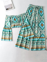 Boho 2 Piece Set, Matching Off Shoulder Crop Top and Pant, Wild Boho Square Green Mint - Wild Rose Boho