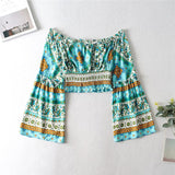 Boho 2 Piece Set, Matching Off Shoulder Crop Top and Pant, Wild Boho Square Green Mint - Wild Rose Boho