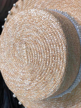 Boho Hat, Sun Beach Hat, Straw Bucket Hat, White Peal Trim - Wild Rose Boho
