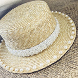 Boho Hat, Sun Beach Hat, Straw Bucket Hat, White Peal Trim - Wild Rose Boho