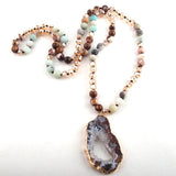 Boho Necklace, RH Amazonite Crystal Druzy Brown Natural Stone - Wild Rose Boho