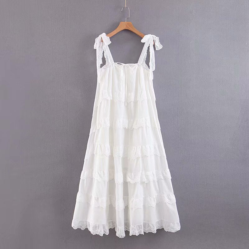 Midi Dress, Boho Dress, Strappy Sundress, White Lilac Ruffle Dress - Wild Rose Boho