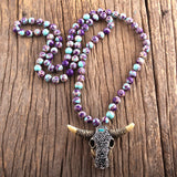 Boho Necklace, RH Antique Horn Crystal Lava Stone