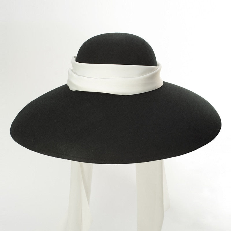 Boho Hat, Floppy Vintage Hat, Audrey Black Wool White Scraf - Wild Rose Boho