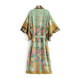 Boho Robe, Kimono Robe, Peacock in Gold Green - Wild Rose Boho