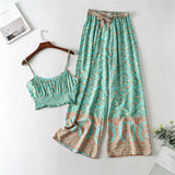 Boho 2 Piece Set, Matching Crop Top and Pant, Wild Floral in Mint Green - Wild Rose Boho